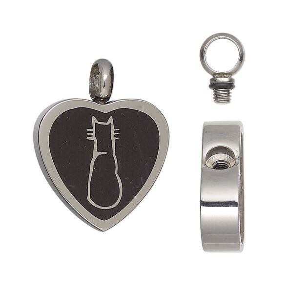Pendant, stainless steel and silicone, black, 26x20mm heart with cat design and watertight chamber. Sold individually. image number 0
