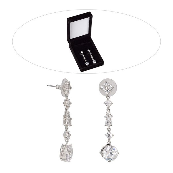 Earring, cubic zirconia / stainless steel / rhodium-finished brass, clear, 2 inches with post. Sold per pair. image number 0