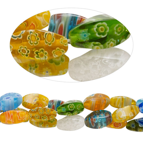 Bead mix, millefiori glass, opaque to transparent multicolored, 16x8mm 4-sided twisted oval with 0.6-0.8mm hole. Sold per pkg of (3) 15-inch strands. image number 0