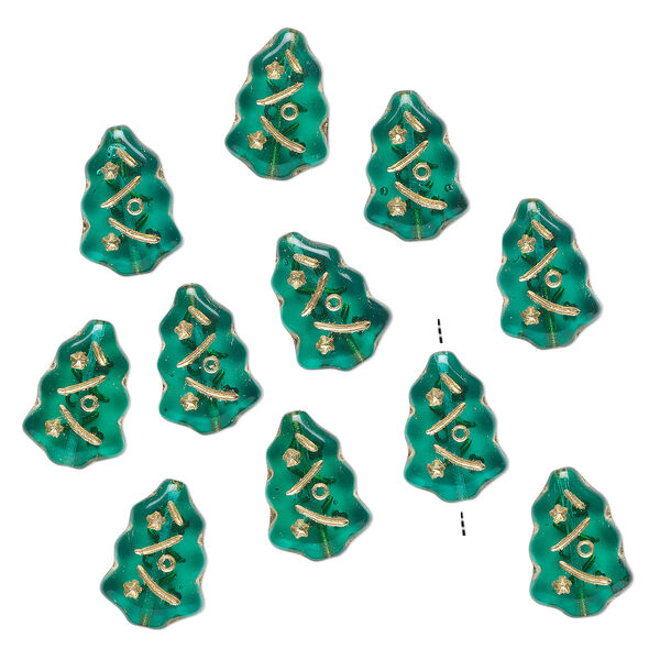 Bead, glass, translucent green and gold, 17x12mm Christmas tree. Sold per pkg of 11. image number 0