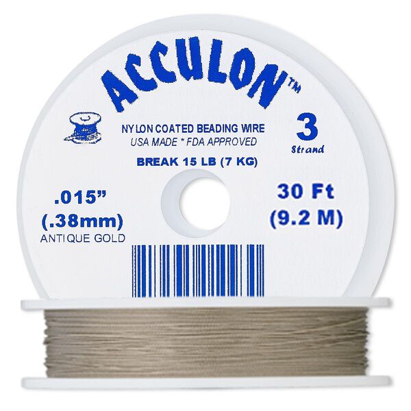Beading wire, Acculon®, nylon-coated stainless steel, gold color, 3 strand, 0.015-inch diameter. Sold per 30-foot spool. image number 0