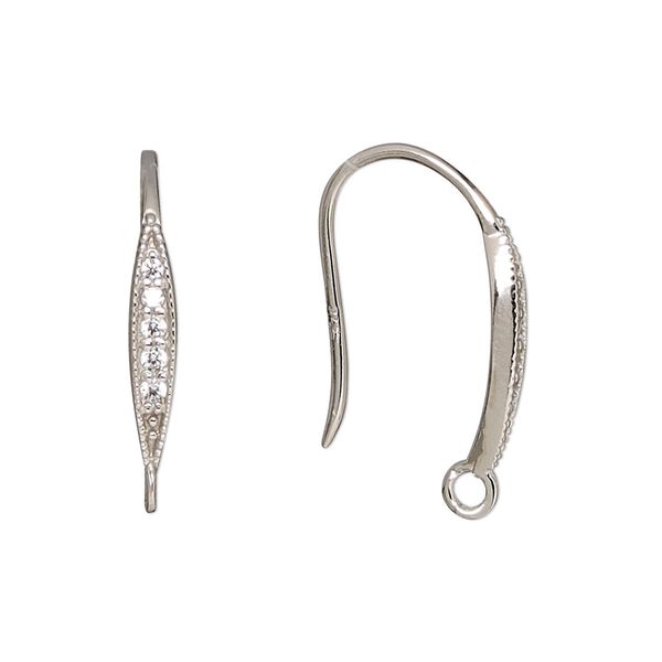 Ear wire fishhook 1pkg2 rhodium-plated sterling silver / cubic zirconia, 23mm / closed loop, 17 gauge clear 1 pair image number 0