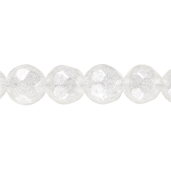 Bead, glass, translucent light silver, 10-11mm faceted round with silver-colored glitter. Sold per 8-inch strand, approximately 20 beads. image number 0