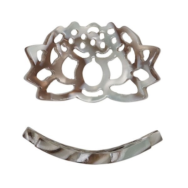 Focal, resin, grey and brown, 32x19mm curved lotus flower with cutouts. Sold per pkg of 4. image number 0