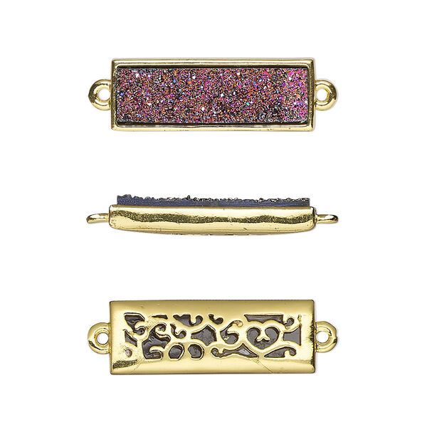 Link, Druzylite™, "druzy" (resin) and gold-finished brass, metallic purple, 21x8mm two-sided rectangle with open filigree back. Sold per pkg of 4. image number 0