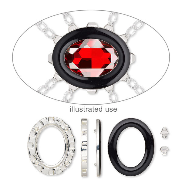 Mount, Miracle Mount™, enamel and silver-finished "pewter" (zinc-based alloy), black, 39x32mm oval with 30x22mm oval setting. Sold per 18-piece set. image number 0