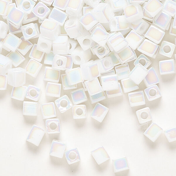 Seed bead, Miyuki, glass, pkg/25g, 3.5-3.7mm square, opaque rainbow chalk white (SB-402R). image number 0