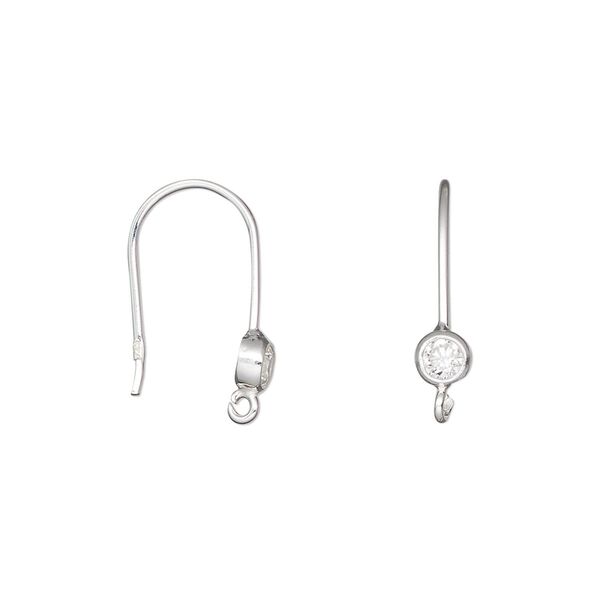 Ear wire fishhook 1pkg2 sterling silver / cubic zirconia, 17.5mm / 3mm faceted round / open loop, 20 gauge clear 1 pair image number 0