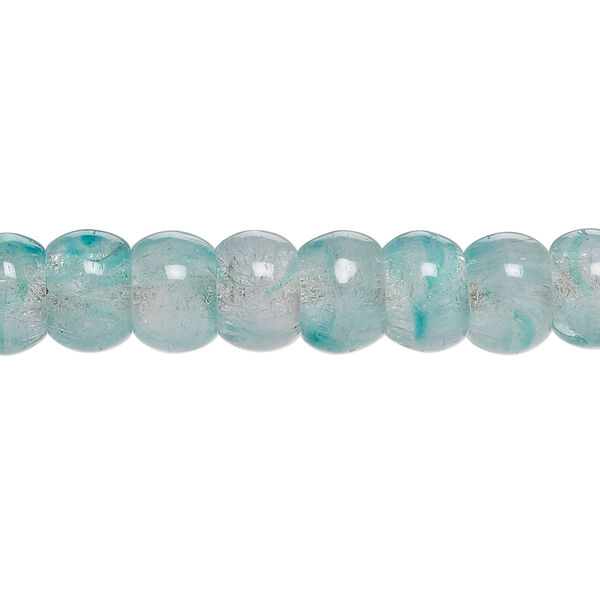 Bead, crackle glass, translucent clear and aqua blue, 9x6mm-8x5mm rondelle. Sold per 7-inch strand, approximately 25 beads. image number 0