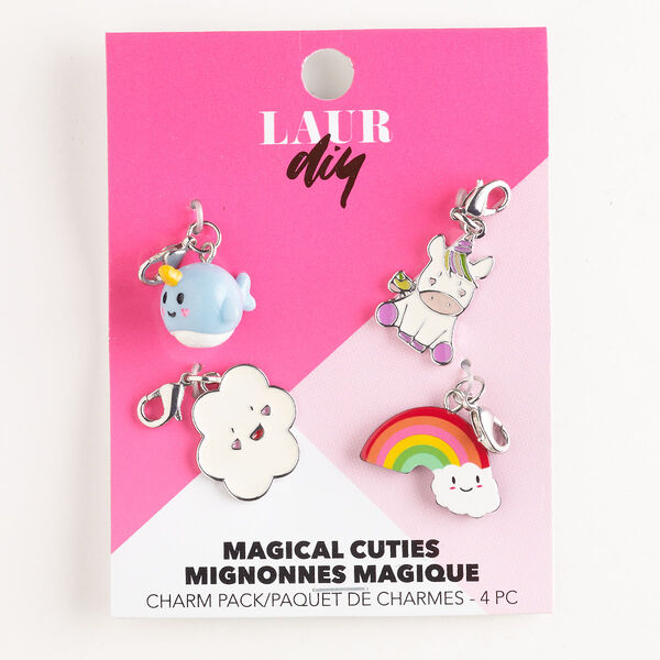 Charm assortment, steel / brass / enamel, pkg/4, 18x14mm-22x16mm mixed shapes with lobster claw clasp, silver finish and multicolored. image number 0