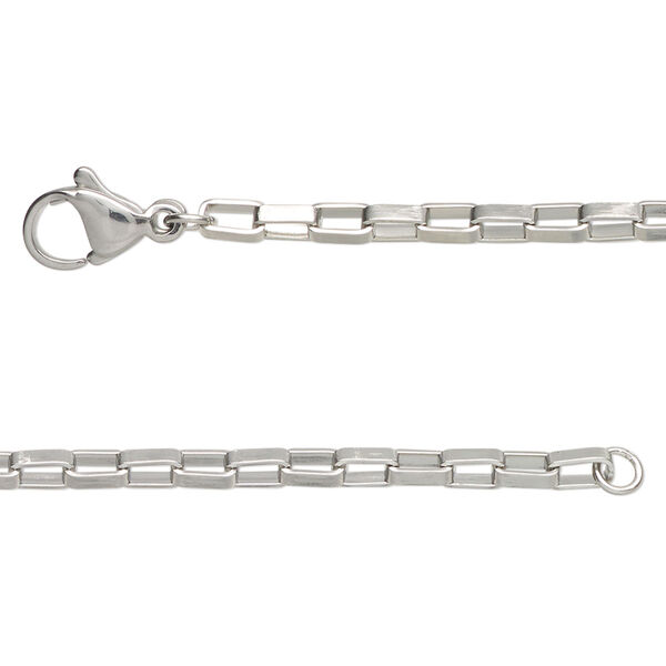 Chain, stainless steel, 2.5mm rectangular box, 18 inches with lobster claw clasp Sold per pkg of 2. image number 0