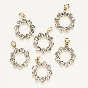 Drop, brass and glass, pkg/6, 19mm open round, gold finish and clear.