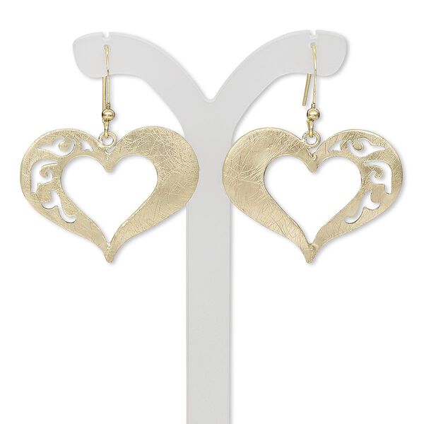 Earring, gold-finished steel and brass, 1-1/2 inches with brushed open heart and cutout design with fishhook ear wire. Sold per pair. image number 0