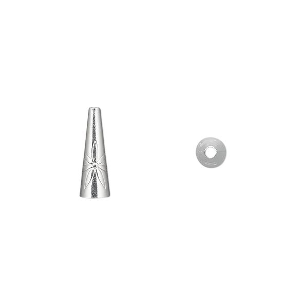 Cone, sterling silver, 13x4mm with flower design, 3.5mm inside diameter. Sold per pkg of 2. image number 0