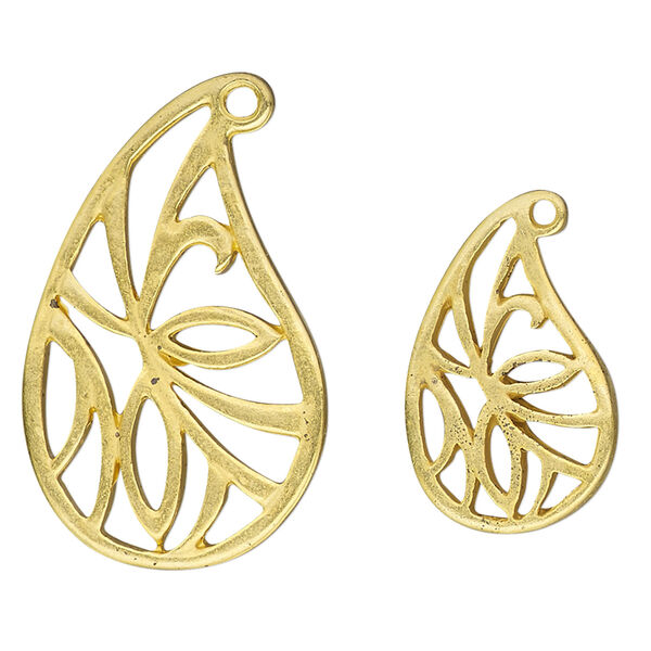 Drop mix, gold-finished "pewter" (zinc-based alloy), 19x12mm and 28x18mm assorted matte teardrop with cutout design. Sold per pkg of 12. image number 1