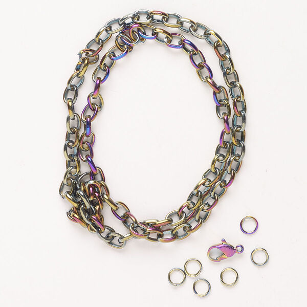 Chain and finding assortment, steel and enamel, pkg/7, rainbow, 5.3-5.5mm rolo chain and mixed findings. image number 0