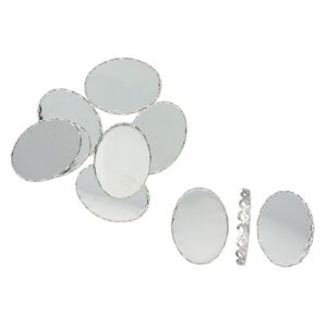 Component, silver-finished steel, 26x19mm scalloped oval with 25x18mm oval cabochon setting. Sold per pkg of 10.