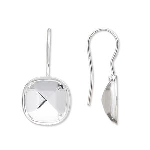 Ear wire fishhook 1pkg4 Almost Instant Jewelry® silver-plated, 28x14mm / 12mm cushion glue-in setting, 20 gauge brass 2 pair