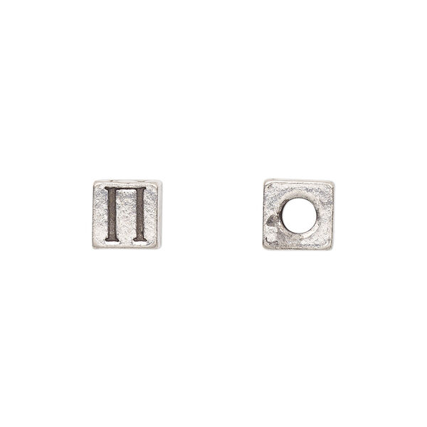 Bead, antiqued pewter (tin-based alloy), 7mm cube with Greek letter, PI. Sold per pkg of 4. image number 0