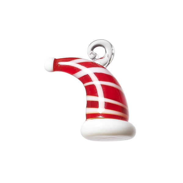 Drop, lampworked glass, red and white, 19x16mm 3D hat. Sold individually. image number 0