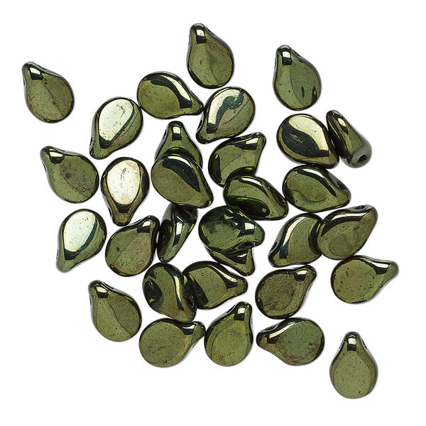 Bead, Preciosa Pip™, Czech pressed glass, opaque dark olive luster, 7x5mm top-drilled pip. Sold per pkg of 30. image number 0