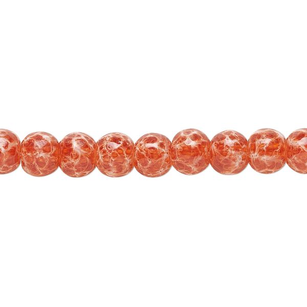 Bead, glass, opaque red / brown / white, 5-6mm round with random spotted pattern. Sold per 15-1/2" to 16" strand. image number 0