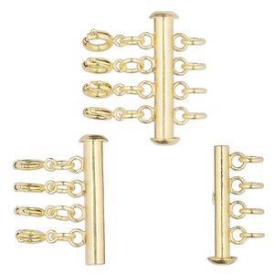 Clasp slide lock 1pkg10, 26.5x6mm round tube / 5mm jumpring / springring, gold-finished brass 4-strand