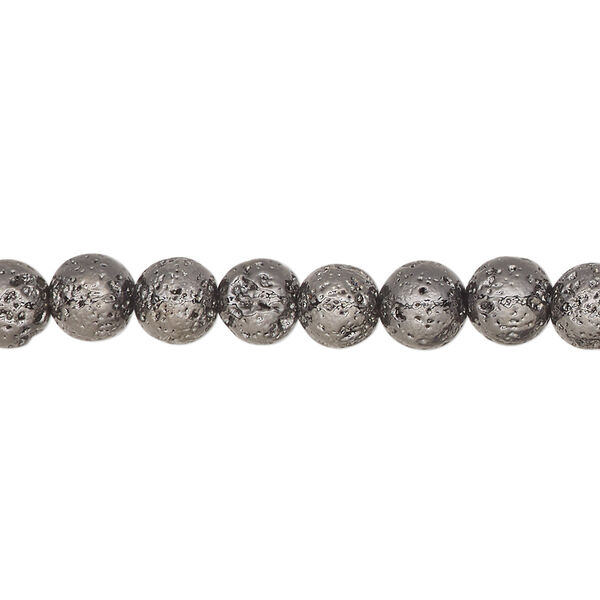 Bead, electro-coated lava rock (coated), gunmetal, 6-7mm round. Sold per 15-1/2" to 16" strand. image number 0