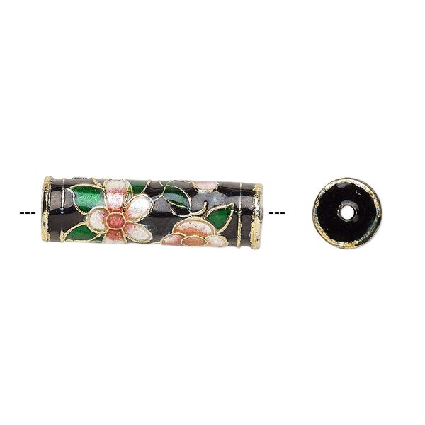 Bead, enamel and gold-finished copper, black / pink / green, 23x7mm round tube with flower design. Sold per pkg of 4. image number 0