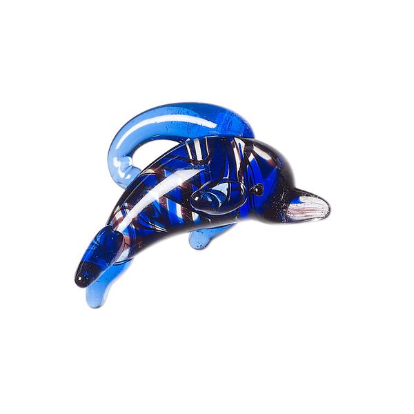 Drop, lampworked glass, clear / black / dark blue, 29x17mm 3D dolphin. Sold individually. image number 0