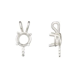 Pendant fine silver 1pk 20x8.5mm 4-prong 8mm round setting 5.5mm peg, JBB Findings