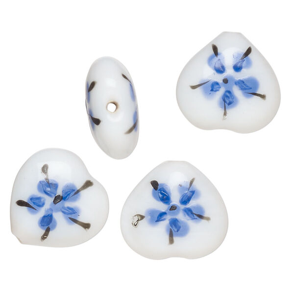Bead, lampworked glass, opaque white / black / blue, 17-16mm puffed heart with double-sided painted flower design. Sold per pkg of 4. image number 0