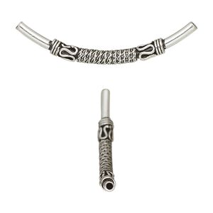 Bead, antiqued sterling silver, 37x3mm curved tube with rope design. Sold individually.