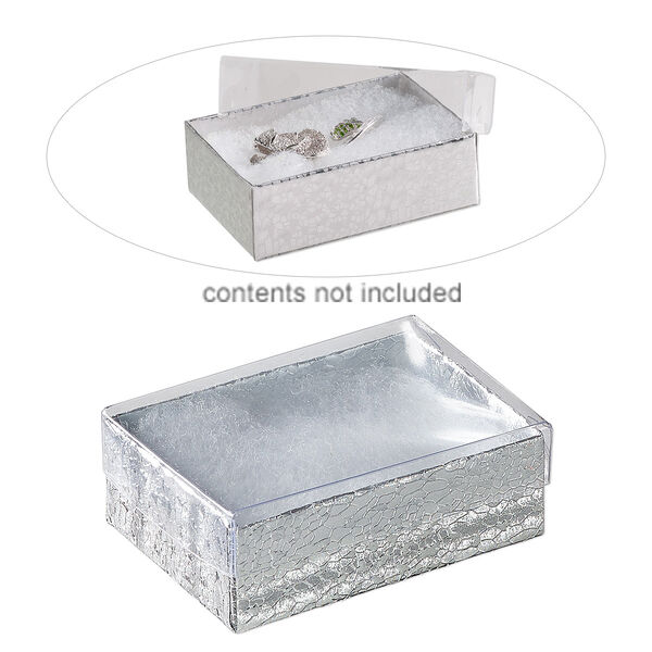 Box, plastic and paper, "cotton"-filled, silver and clear, 3-1/4 x 2-1/4 x 1-inch rectangle. Sold per pkg of 10. image number 0