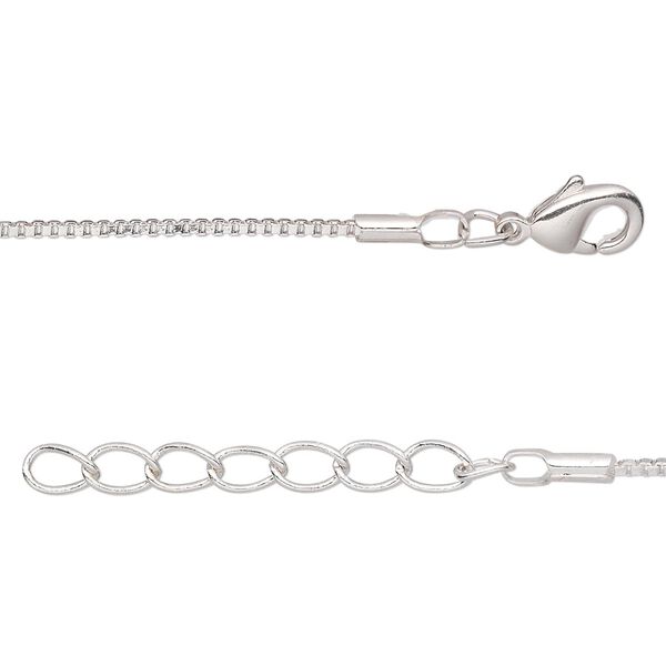 Chain, silver-plated brass, 1mm Venetian box, 16 inches with 1-inch extender chain and lobster claw clasp. Sold per pkg of 4. image number 0