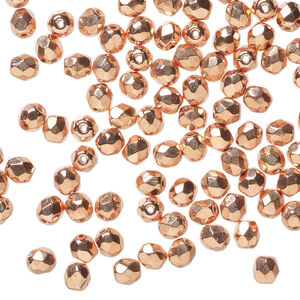 Bead 1pkg1200, fire-polished, copper-plated glass, opaque clear, 4mm faceted round, 1 mass.