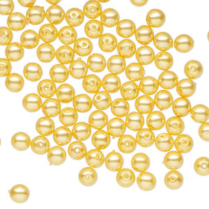 Bead 1pkg100, Czech pearl-coated glass druk, opaque yellow, 4mm round.