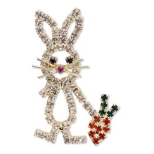 Spot pin, Czech glass rhinestone with gold-finished brass and "pewter" (zinc-based alloy), multicolored, 39x25mm bunny with carrot. Sold individually.