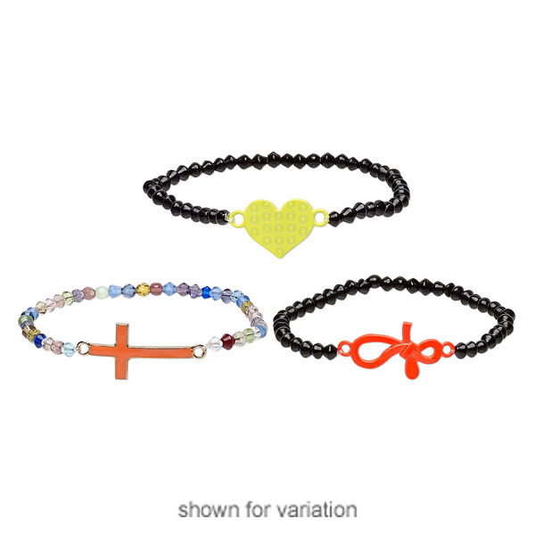 Bracelet mix, stretch, enamel / glass / silver- / gold-finished "pewter" (zinc-based alloy), multicolored, 13-17mm wide with mixed shape, 8 inches. Sold per pkg of 3. image number 1