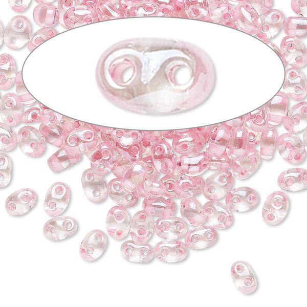 Seed bead, Preciosa Twin™ Czech glass, pkg/10g, 5x2.5mm oval, transparent pink terra color-lined clear, (38694). image number 0