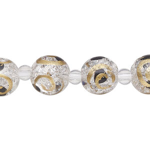 Bead, glass 1pkg8, transparent black and gold, 12mm round with crackle finish and hand-painted spiral.