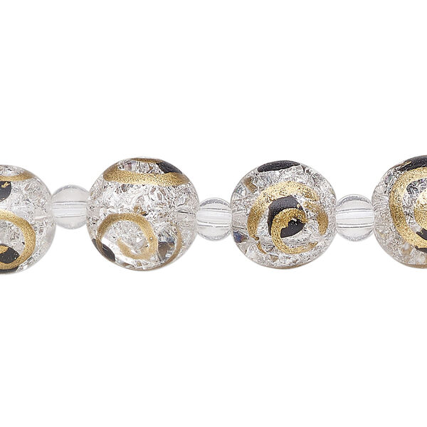 Bead, glass 1pkg8, transparent black and gold, 12mm round with crackle finish and hand-painted spiral. image number 0