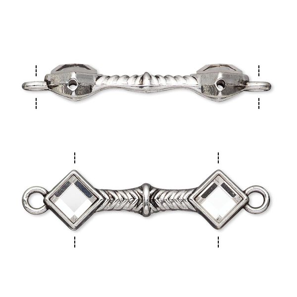 Link, glass rhinestone and antique silver-finished "pewter" (zinc-based alloy), clear, 31x9mm double-drilled bar with diamond design, fits up to 21.5mm bead. Sold per pkg of 10. image number 0