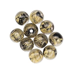 Bead, lampworked glass, clear and black with 24Kt gold foil, 8mm round. Sold per pkg of 10.