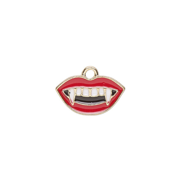 Charm, gold-finished "pewter" (zinc-based alloy) and enamel, white / red / black, 16.5x10mm vampire teeth. Sold per pkg of 4. image number 0