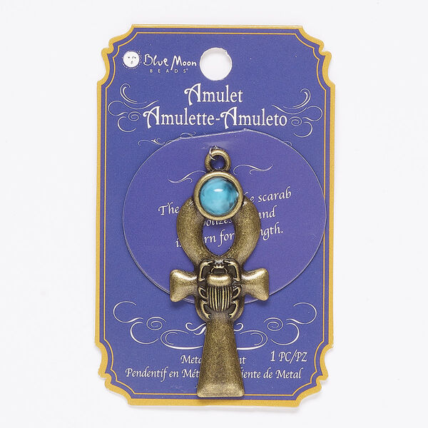 Focal, acrylic and antique brass-finished "pewter" (zinc-based alloy), blue, 57x25mm ankh with scarab. Sold individually. image number 0