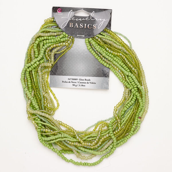 Seed bead mix glass 1pk #6-#11 round opaque and translucent multi-green, 90 gram image number 0