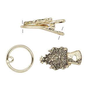 Clasp, alligator clip, antique gold-finished steel and "pewter" (zinc-based alloy), 19x15mm fancy pentagon. Sold individually.