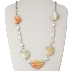 Necklace, acrylic / plastic / silver-finished steel, multicolored, oval, 32-inch continuous loop. Sold individually.