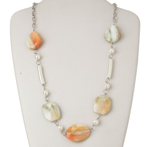 Necklace, acrylic / plastic / silver-finished steel, multicolored, oval, 32-inch continuous loop. Sold individually. image number 0